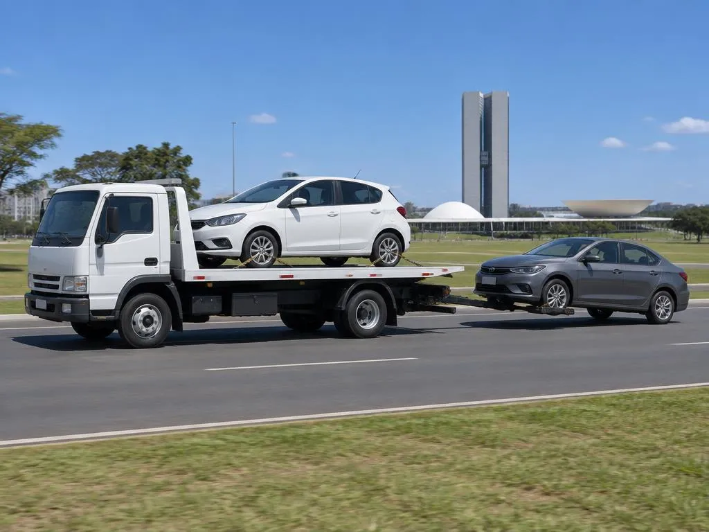 Caminhão guincho plataforma levando dois carros, um na plataforma e outro na asa-delta